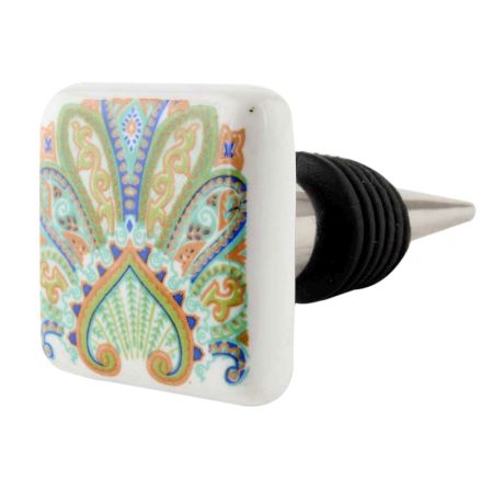Green Floral Printing Flat Ceramic Wine Bottle Stoppe